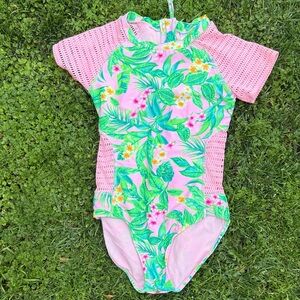 art class Pink Tropical Leaf Print Girls' One-Piece Swimsuit